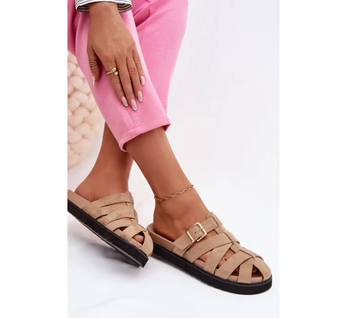 Dámské pantofle s pásky a zlatým sponou Tmavě béžové Roselisse