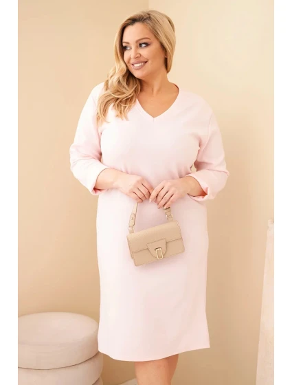 Šaty dámské Plus Size máslové s výstřihem do V a rukávem pudrově růžová