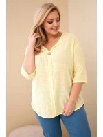 Dámská bavlněná halenka Plus Size s výstřihem na knoflíky žlutá