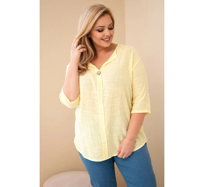 Dámská bavlněná halenka Plus Size s výstřihem na knoflíky žlutá