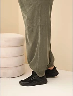 Dámské kalhoty bavlněné Plus Size manšestrové s gumou v pase a kapsami khaki