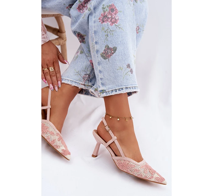 Sandály na podpatku s květinami Růžové model 22111405 - Boto