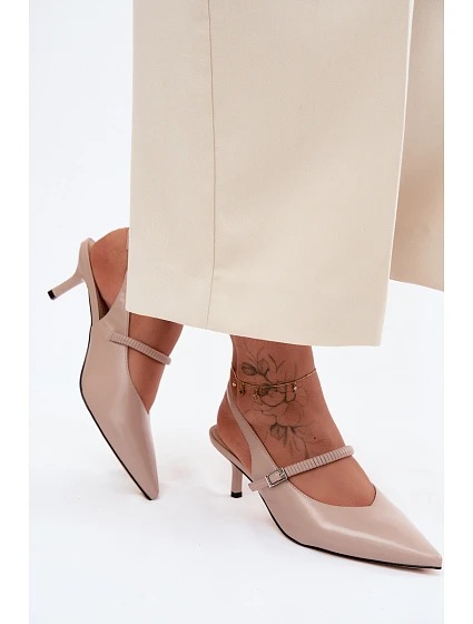 Kožené Lodičky Sandály Na Podpatku S Páskem D&A CR61-3046 Béžové