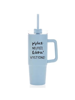 PRÁCA NEVYHOVUJE, KÁVA VYPADÁ SKVELO! - svetlomodrý cestovný termohrnček s priehľadným viečkom 900 ml