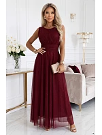 dlouhé maxi šaty s tylem a kulatým výstřihem – vínová model 22278796 - numoco basic