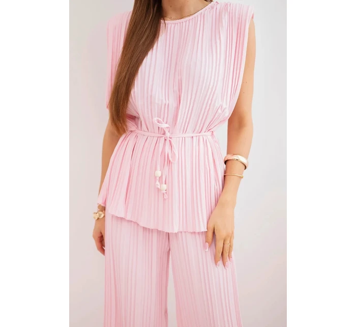 Dámsky viskózový plisovaný komplet s viazanou blúzkou a širokými nohavicami candy pink