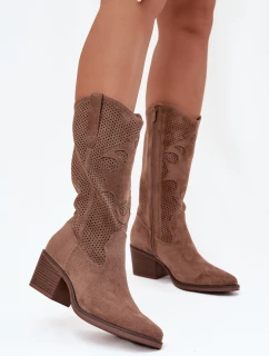 Ażurowe Kozaki Kowbojki Damskie Na Obcasie Ciemnobeżowe Olivette
