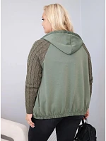 Dámská bavlněná mikina Plus Size s pletenými rukávy a kapucí khaki Dámská bavlněná mikina Plus Size s pletenými rukávy a kapucí khaki