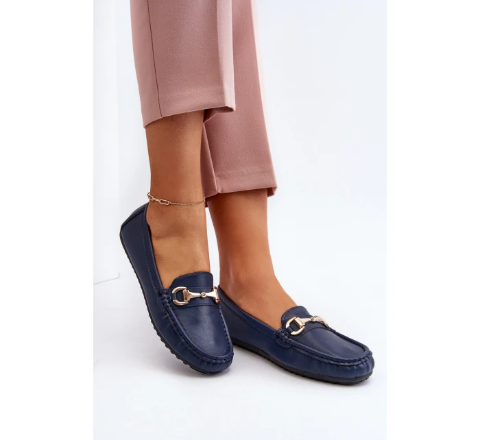 Damskie Klasyczne Mokasyny Eko Skórzane Granatowe Demese