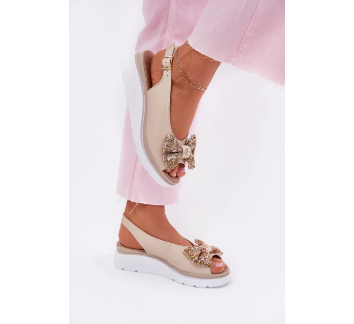 Skórzane Sandały Damskie Na Koturnie Z Kokardą Zazoo 1882 Beżowe