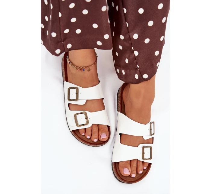 Damskie Klapki Na Korkowej Platformie Z Klamrami Białe Vesina