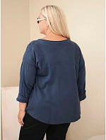 Dámská bavlněná plus size halenka s potiskem a výstřihem U modrá Dámská bavlněná plus size halenka s potiskem a výstřihem U modrá