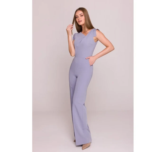 S407 Elegantný overal s asymetrickým výstrihom - holubičia sivá