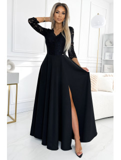 AMBER - Elegantné čierne čipkované dlhé šaty s výstrihom a rozparkom na nohách 309-11