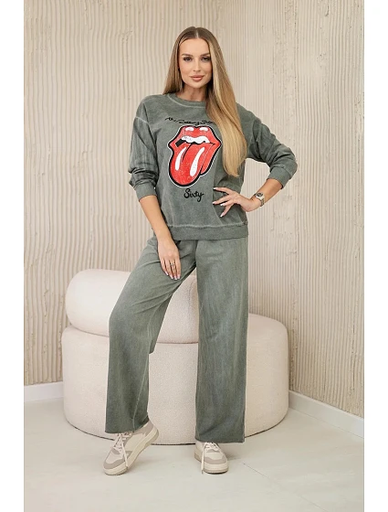 Bavlněná souprava model 20330053 potiskem teplákové + kalhoty khaki - K-Fashion