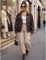 Dámska kožená bunda so stojáčikom, hnedá, FashionStreet TY5961 Dámska kožená bunda so stojáčikom, hnedá, FashionStreet TY5961