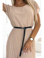 Béžové dámské plisované midi šaty s černým opaskem model 20162133 - numoco basic
