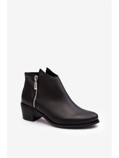 Skórzane Botki Damskie Z Niską Cholewką Na Słupku Z Suwakami Czarne Annaja