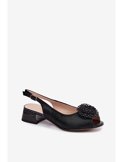 Kožené dámské sandály na podpatku s ozdobou D&A CR61-3030 Černé