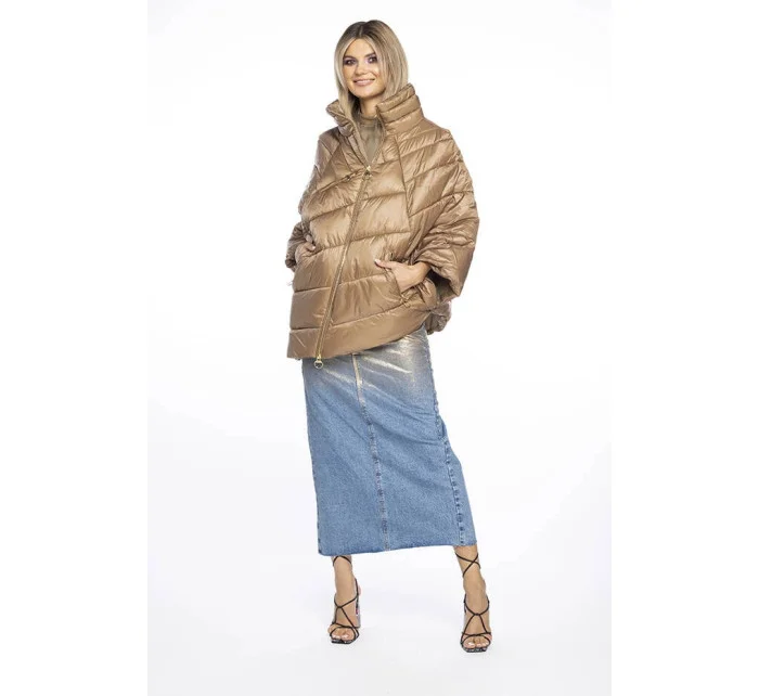 Tmavo béžová dámska bunda pončo s ozdobnými zipsami AnnGissy (AG1-J9171) Tmavo béžová dámska bunda pončo s ozdobnými zipsami AnnGissy (AG1-J9171)