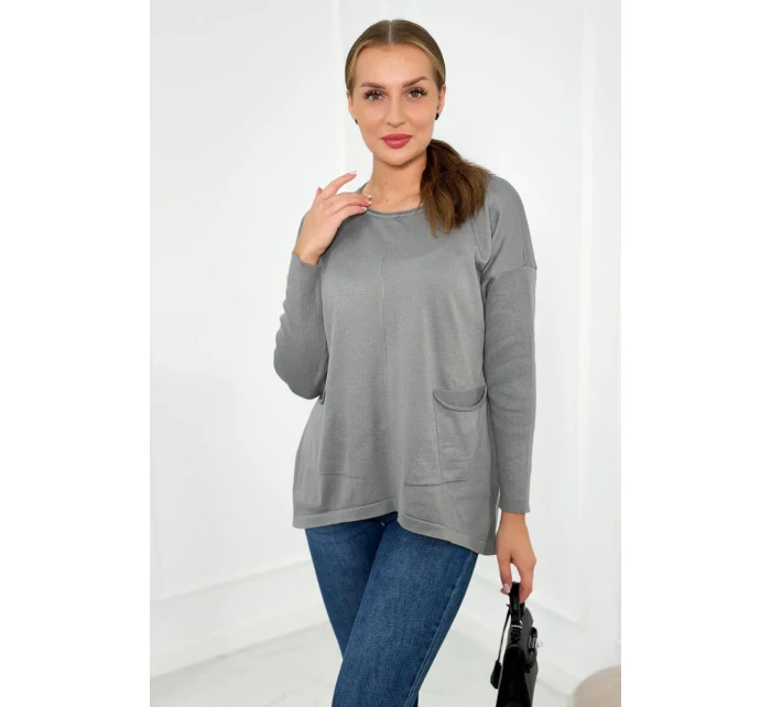 Sveter s prednými vreckami sivý