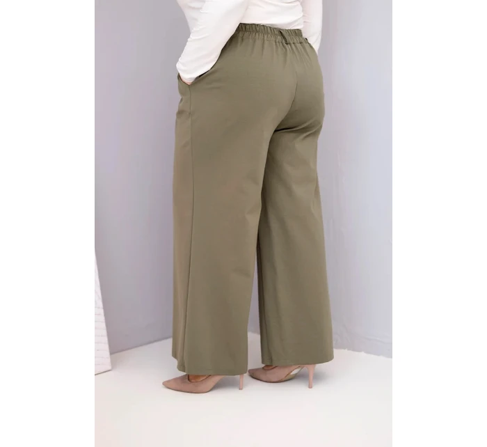 Dámské kalhoty Plus Size s širokým nohavicí a vysokým pasem khaki