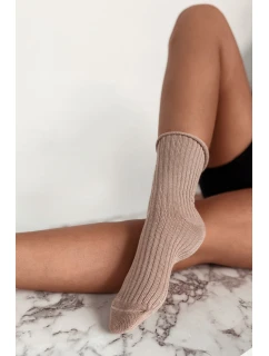 Skarpetki Damskie Bezuciskowe W Prążek z Lurexem Beżowe