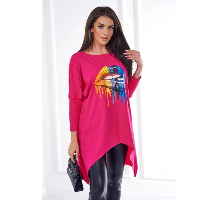 Oversize halenka s model 21752858 potiskem rtů fuchsiová - K-Fashion