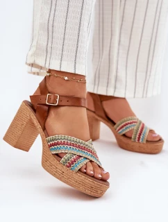 Skórzane Sandały Na Słupku Z Plecionką Na Paskach Zazoo 40460 Brązowe