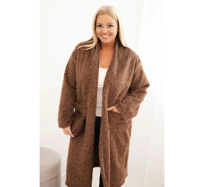 Dámsky kabát Plus Size z viskózy bez zapínania s vreckami hnedý