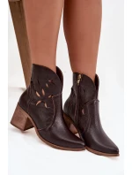 Botki Damskie Ażurowe Z Naturalnej Skóry Na Słupku Zazoo 3690 Czekoladowe