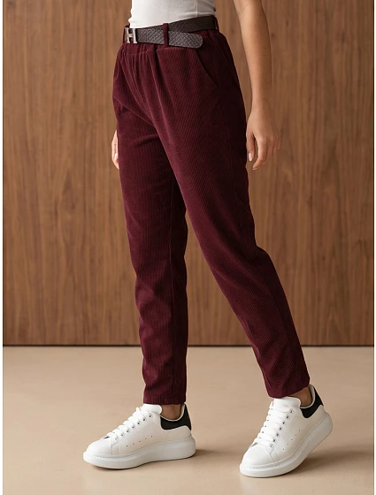 Dámske manšestrové nohavice s opaskom, vínové, FashionStreet UY3147 Dámske manšestrové nohavice s opaskom, vínové, FashionStreet UY3147