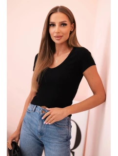 Dámska pruhovaná blúzka s véčkovým výstrihom a krátkymi rukávmi čierna