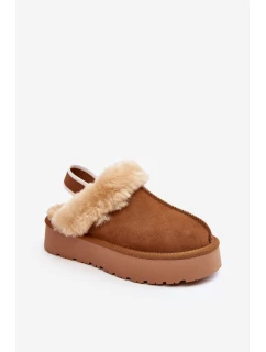 Skórzane Zamszowe Kapcie Damskie Na Platformie Z Futerkiem Camel Sophienne