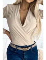 Béžové dámské body s přeloženým obálkovým výstřihem model 19468823 - numoco