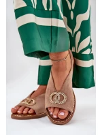 Sandały Damskie Z Ozdobą Na Płaskim Obcasie Eko Zamszowe Ciemnobeżowe Ralisses