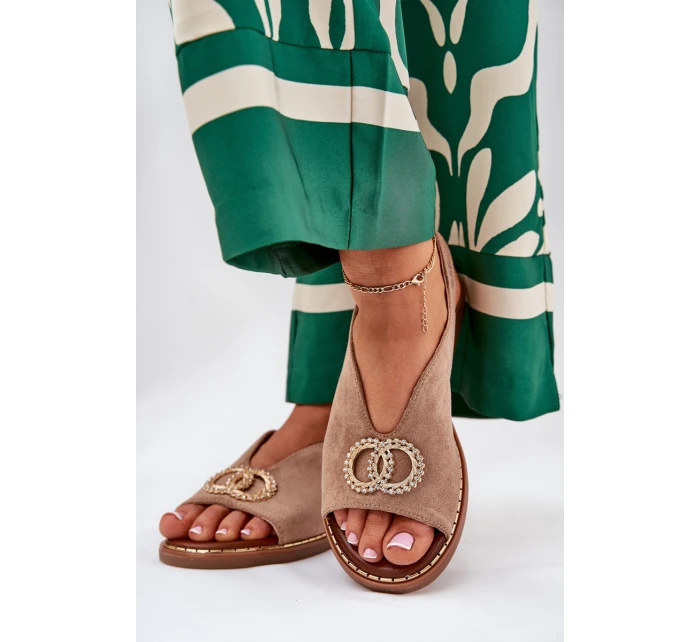 Sandały Damskie Z Ozdobą Na Płaskim Obcasie Eko Zamszowe Ciemnobeżowe Ralisses