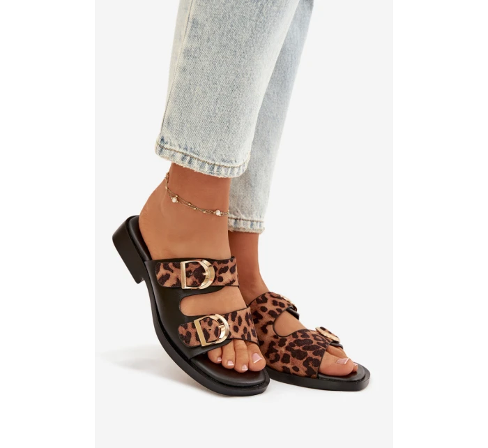 Dámské pantofle se zlatými sponami Leoparda Černo-hnědé Danelle