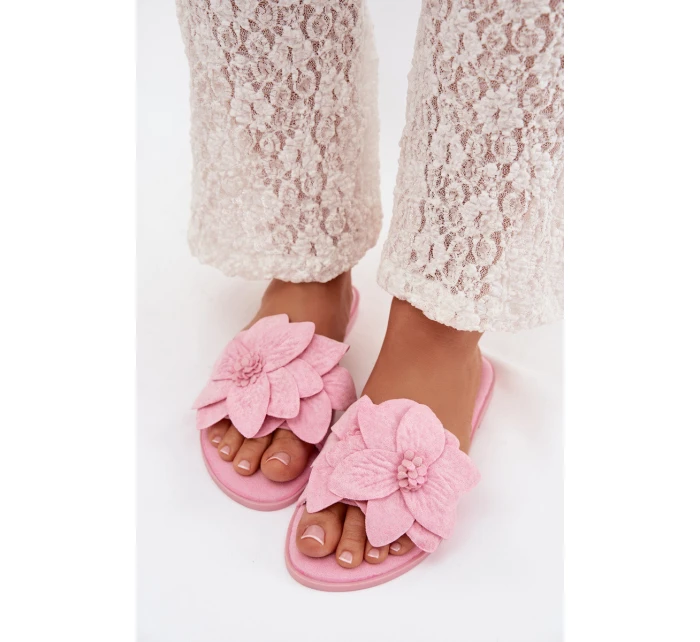 Dámské ploché pantofle s ozdobnými květinami Růžové Elzoria