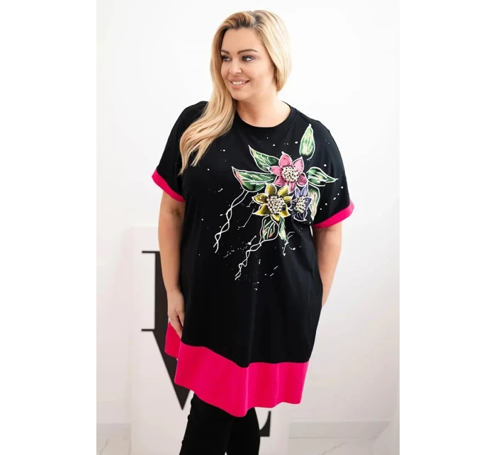 Dámske Plus veľkosť tunika s kvetinovým vzorom a dekoratívne korálky Fuchsia