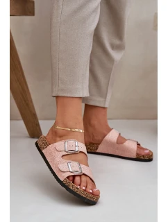 Materiałowe Klapki Na Korkowej Podeszwie Z Klamrami Różowe Atera