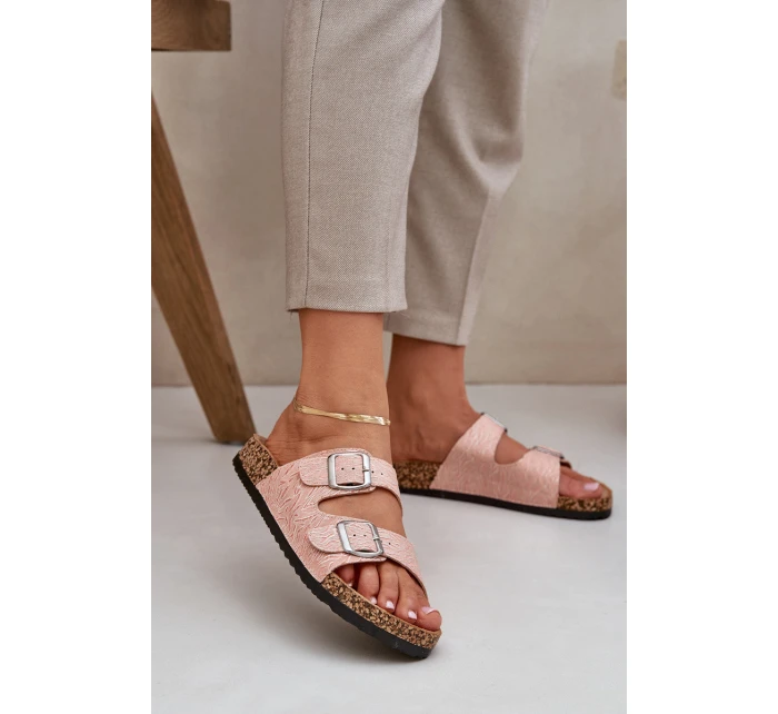 Materiałowe Klapki Na Korkowej Podeszwie Z Klamrami Różowe Atera