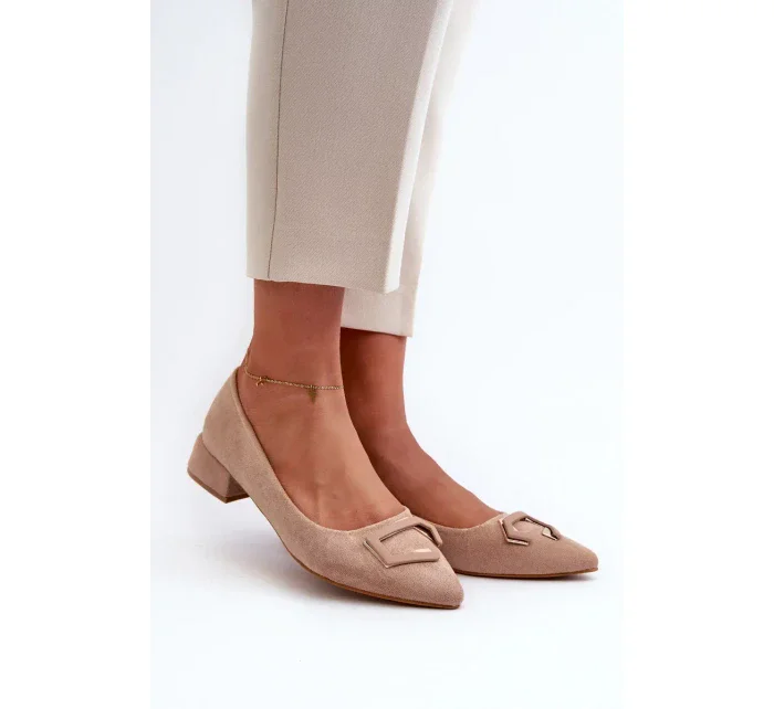 Lodičky na nízkom podpätku so zdobením, Eco Suede S.Barski Beige