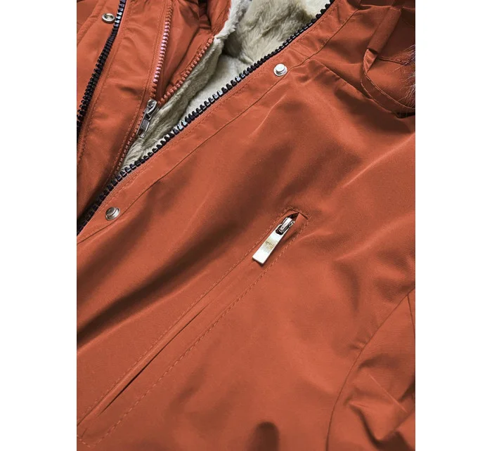 Červená a svetlo béžová dámska zimná bunda s podšívkou z machovej kožušiny (w553)