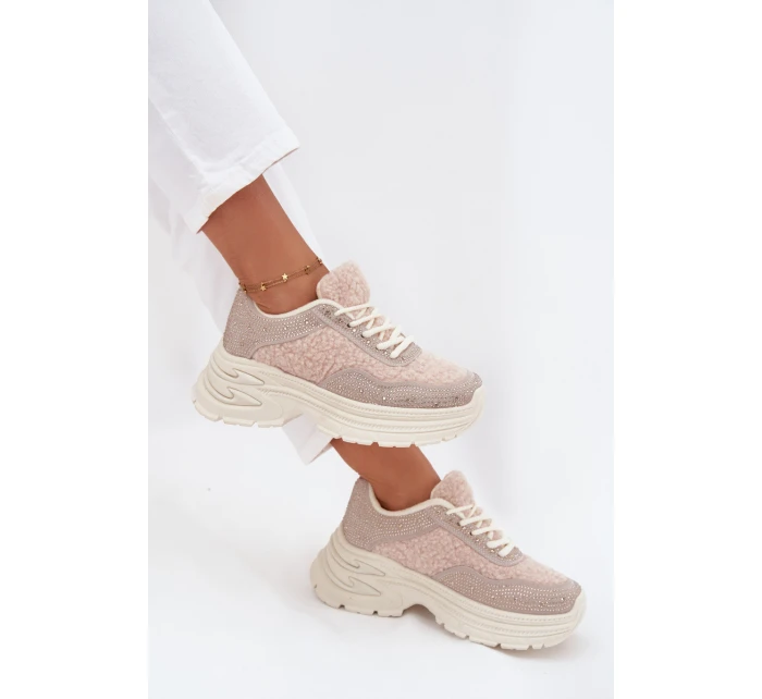 Sneakersy Damskie Z Cyrkoniami I Futerkiem Typu Baranek Jasnobeżowe Zarika Sneakersy Damskie Z Cyrkoniami I Futerkiem Typu Baranek Jasnobeżowe Zarika