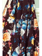 Dlhé dámske čierne šaty s farebnými kvetmi a španielskym výstrihom model 7118058