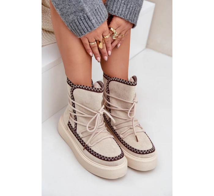 Śniegowce Damskie Z Haftem Na Platformie Jasnobeżowe Naleris
