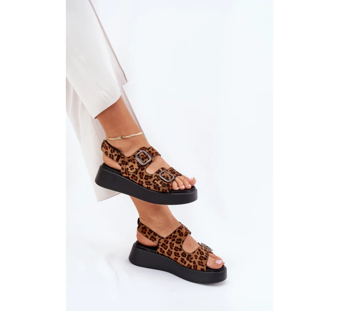 Sandały Damskie Na Platformie I Koturnie Z Klamrami Panterka Brązowe Genorre Sandały Damskie Na Platformie I Koturnie Z Klamrami Panterka Brązowe Genorre