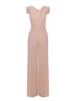 S407 Elegantný overal s asymetrickým výstrihom - béžový