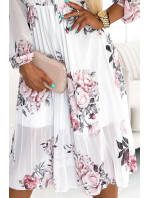 Plisované midi šaty s gombíkmi a dlhými rukávmi Numoco CARLA - biele s kvetmi